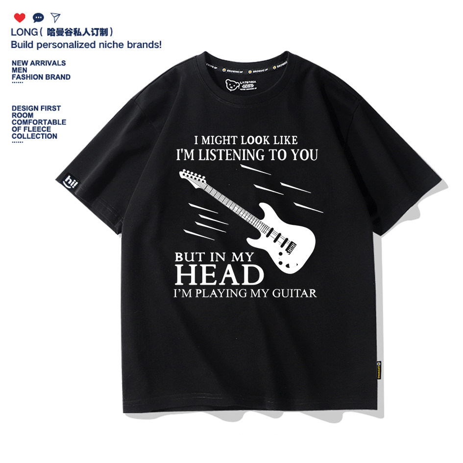 美式英文吉他guitar图案纯棉短袖T恤男女学生上衣青少年班服定制