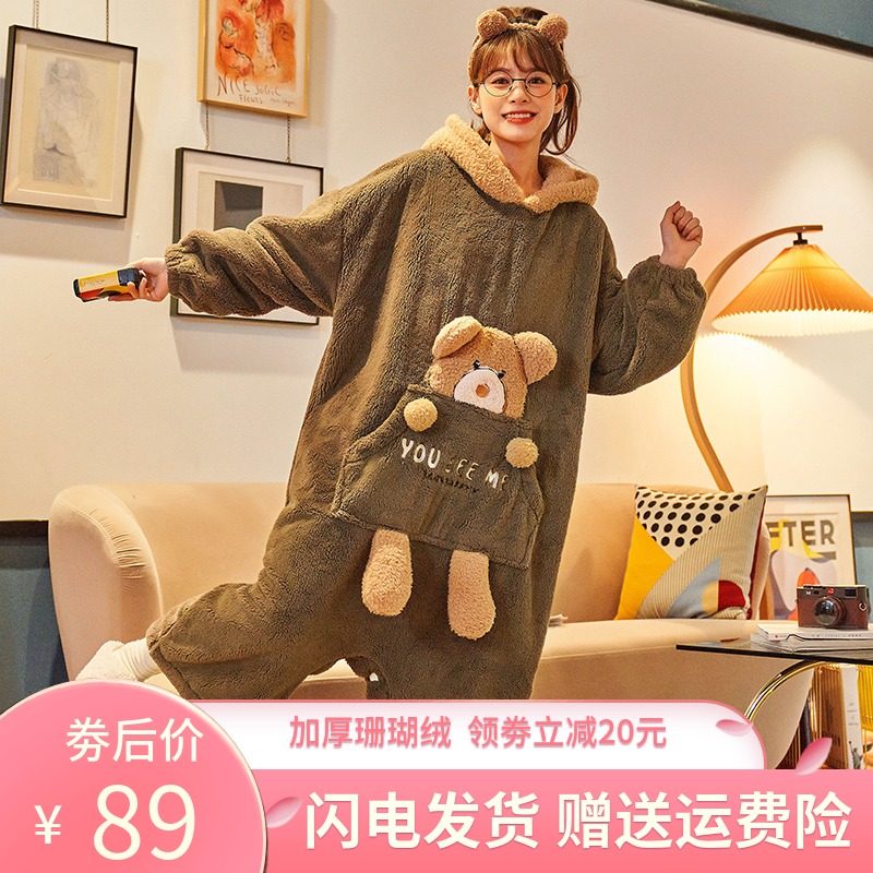 连体睡衣女秋冬季法兰绒长袖加厚卡通珊瑚绒裤裙家居服孕妇睡裙