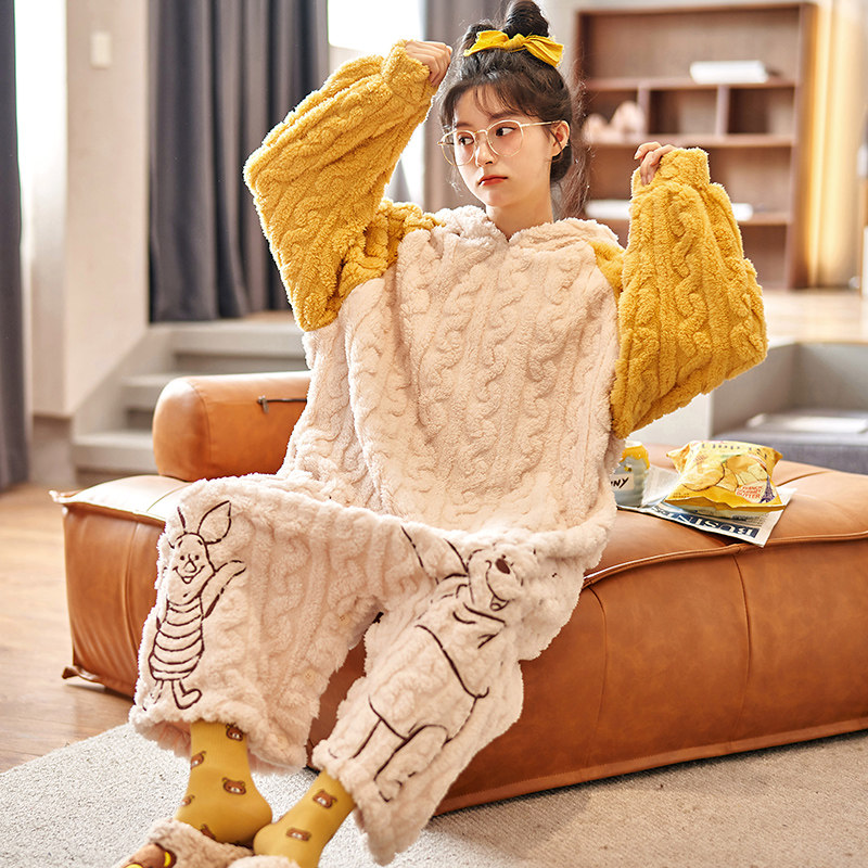 连体睡衣女秋冬季珊瑚绒长袖睡裙卡通大码法兰绒孕妇家居服可外穿