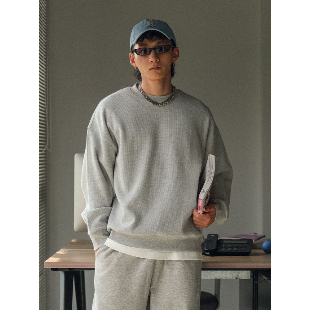 TRS男装丨25AW日系宽松重磅480克洗水长袖华夫格套头圆领卫衣