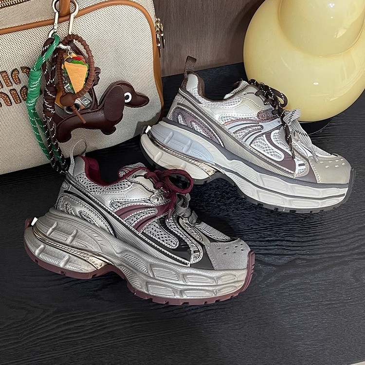 拼色休闲老爹鞋女2025春季款真皮网面透气舒适厚底增高运动跑步鞋