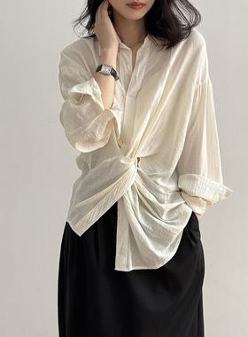 V领纽结不规则收腰衬衫女 夏季新款简约小众别致衬衣82226