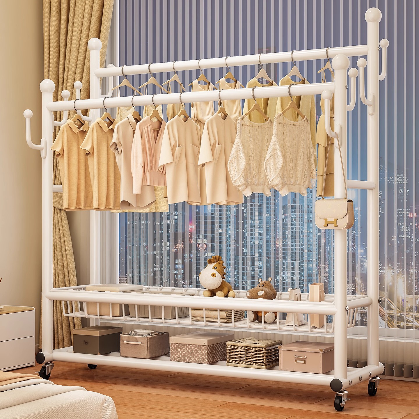 晾衣架落地家用卧室挂衣服架子可移动多功能晾衣架室内简易衣帽架