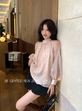 秀熙熙2025秋白标韩版百搭气质蕾丝系带雪纺长袖衬衫女上衣89490