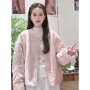 设计感圆领单排扣宽松百搭显瘦丝绒棉衣女外套 时尚 韩版 2025秋冬款