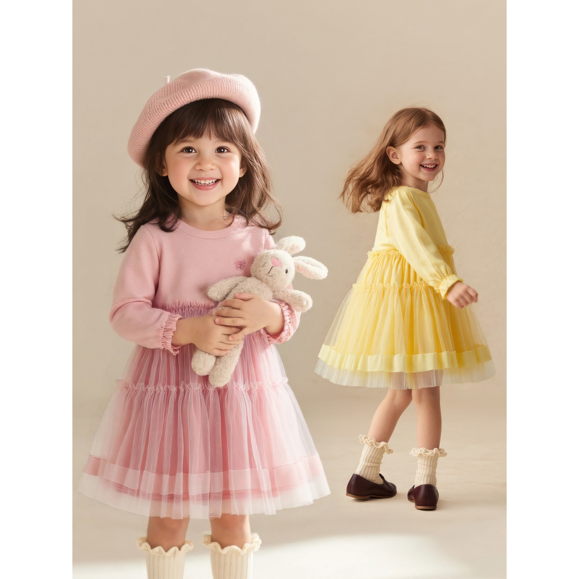 童贝童装2025年秋季新款女童公主裙可爱网纱拼接连衣裙圆领长袖