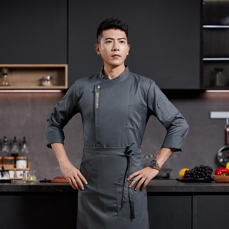 高级厨师工作服男女长袖酒店餐厅后厨房烘焙师灰色立领系带制服