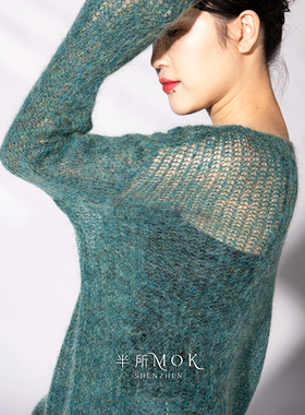 半所MOK 慵懒风进口幼马海毛针织毛衣宽松镂空露肩遮肉一字领罩衫