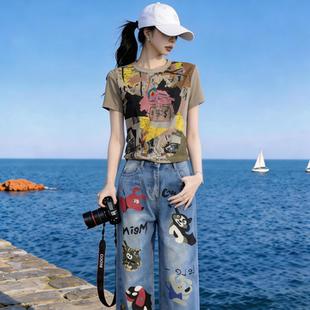 美式涂鸦风短袖T恤女夏季修身显瘦百搭个性印花短款半袖衫上衣潮