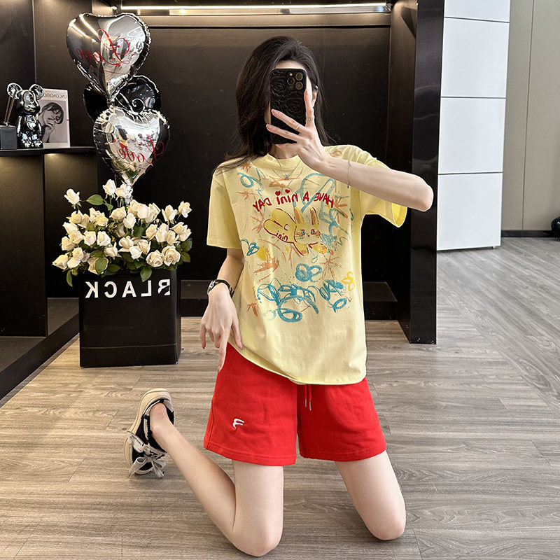 休闲涂鸦短袖运动套装女夏季新款时尚洋气减龄宽松显瘦短裤两件套