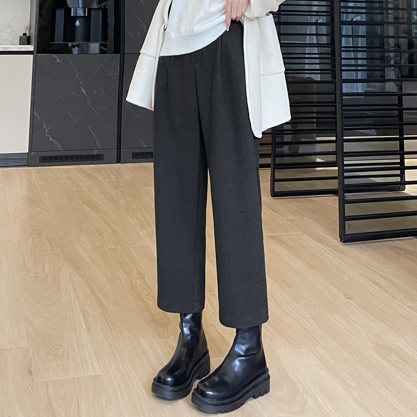 毛呢九分直筒裤女秋冬季新款极简风高腰宽松显瘦休闲西装烟管靴裤