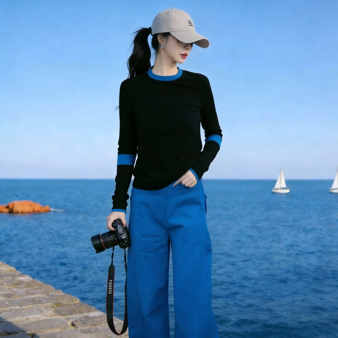 休闲风短款撞色拼接长袖T恤女春秋季新款宽松显瘦百搭打底衫上衣