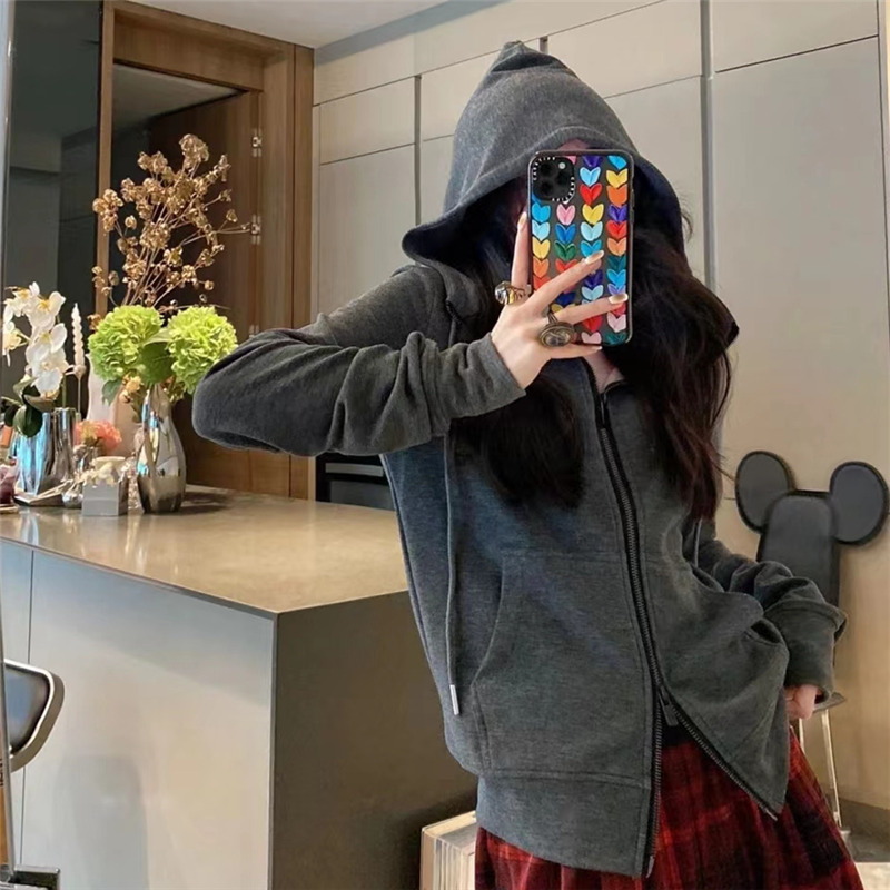 烟灰色连帽外套女卫衣双拉链开衫