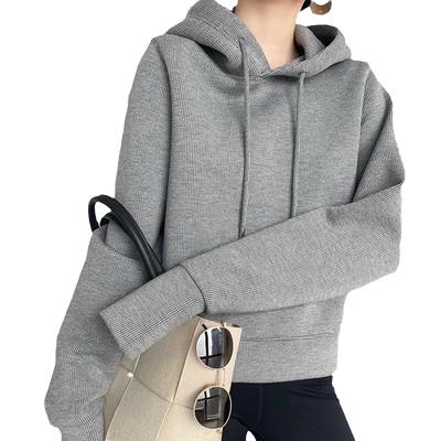 华夫格加绒连帽短款长袖卫衣女潮