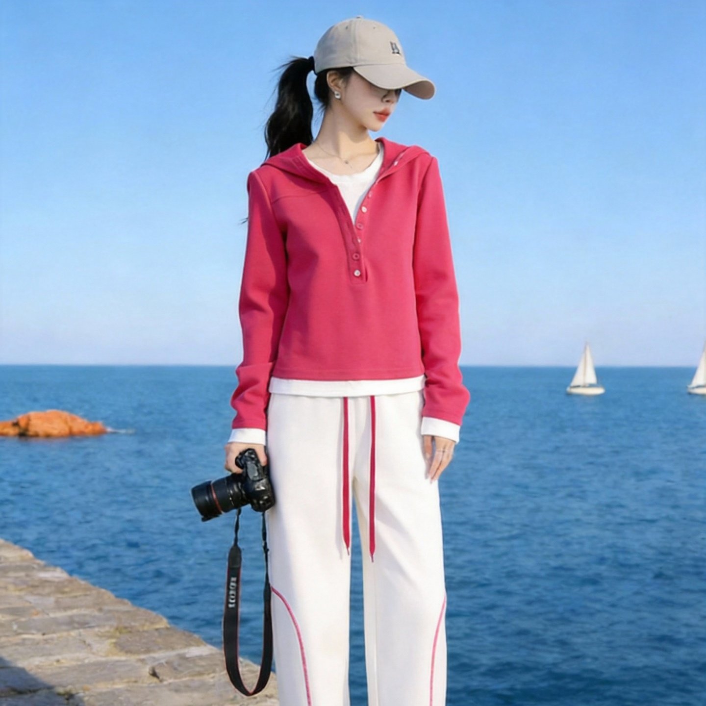 假俩件连帽长袖t恤女春秋季新款设计感休闲宽松时尚显瘦减龄上衣