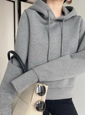 炸街华夫格加绒连帽短款卫衣女秋冬季休闲宽松设计感小众长袖上衣
