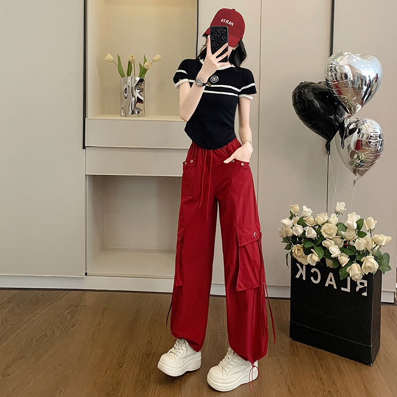 撞色短袖T恤运动套装女夏季新款休闲宽松显瘦速干工装裤两件套潮