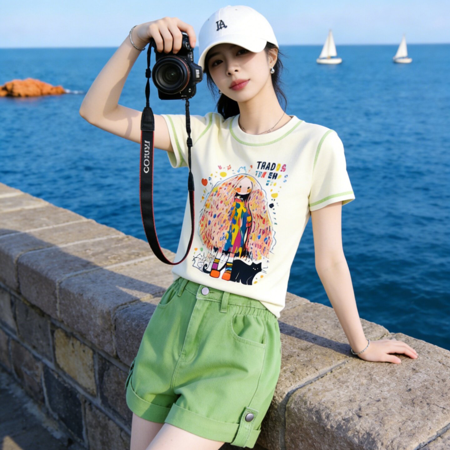 撞色短款T恤女短袖夏季趣味多巴胺风小个子修身显瘦半袖衫上衣潮