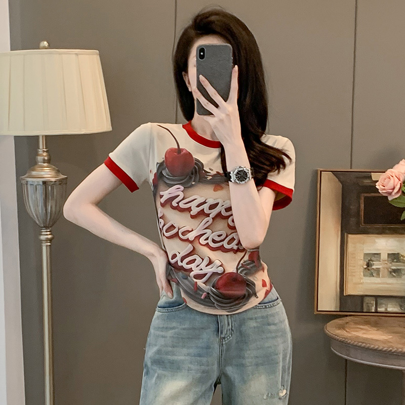 撞色涂鸦印花紧身短款t恤女短袖