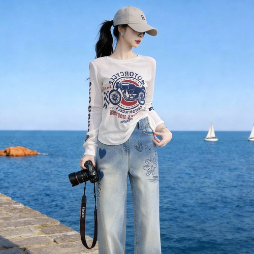 美式长袖印花T恤女透明网纱上衣