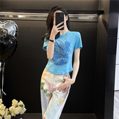 设计感不规则显瘦辣妹正肩半袖 夏季 上衣潮 t恤女短袖 蓝色紧身短款