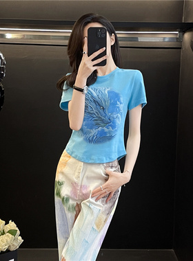 蓝色紧身短款t恤女短袖夏季设计感不规则显瘦辣妹正肩半袖上衣潮