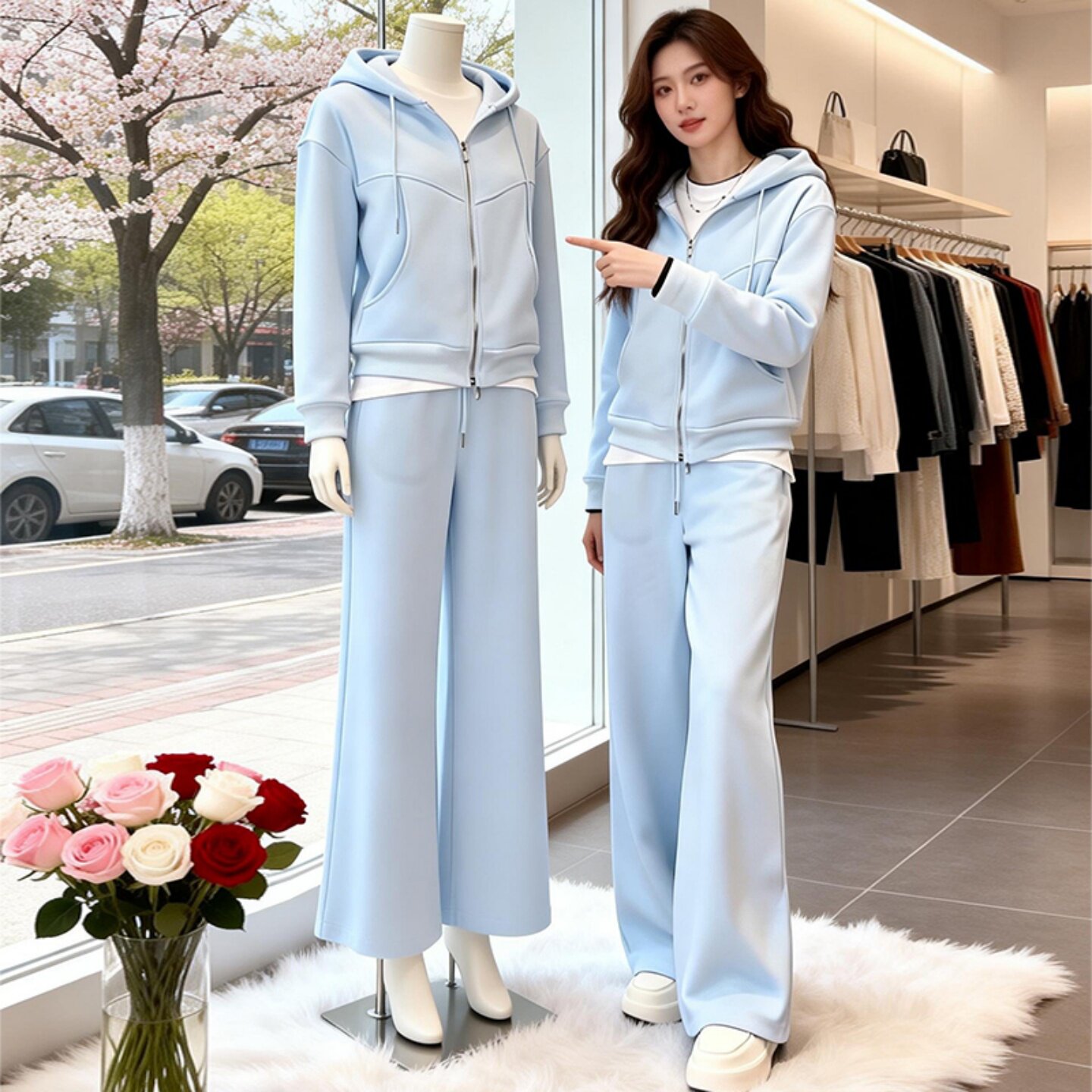 休闲连帽卫衣拉链外套运动套装女春秋季新款减龄宽松阔腿裤两件套