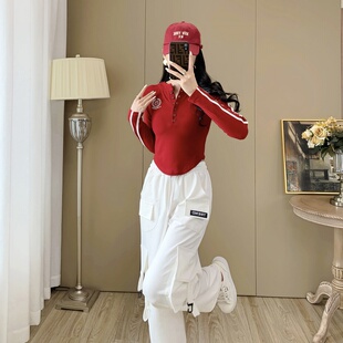 短款加绒长袖t恤运动套装女秋冬季新款休闲宽松跳舞工装裤俩件套