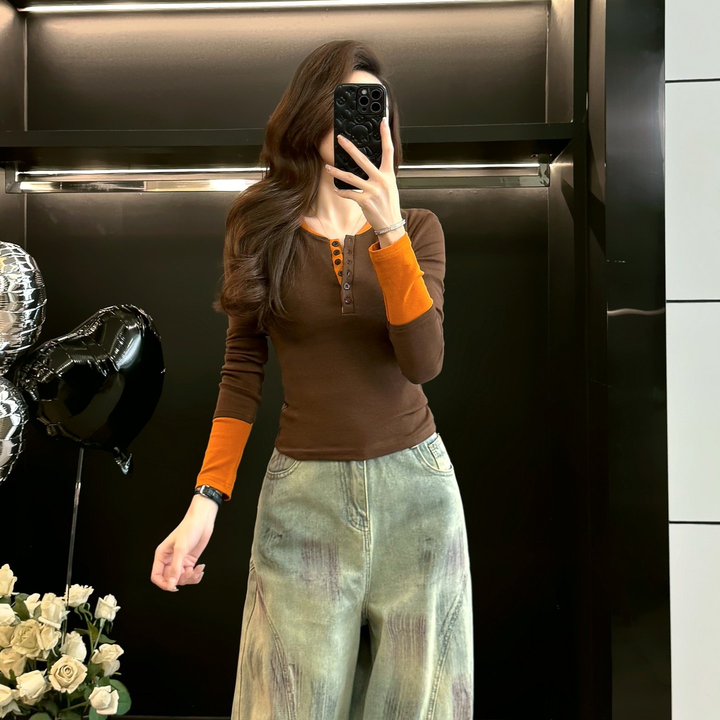 撞色假两件长袖T恤女春秋季设计感小众修身显瘦百搭打底衫上衣潮