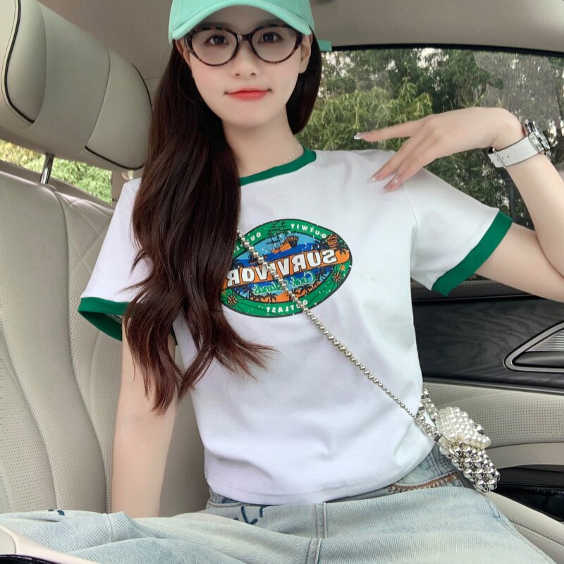 撞色短款t恤女短袖夏季新款休闲正肩宽松显瘦别致半袖衫上衣ins潮