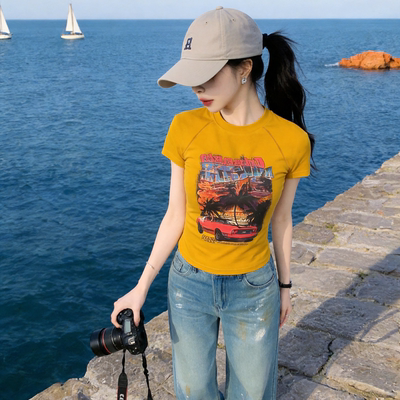 美式复古印花紧身短袖T恤女夏季