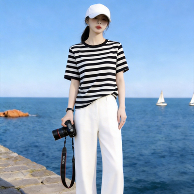 黑白条纹圆领短袖T恤女夏季上衣