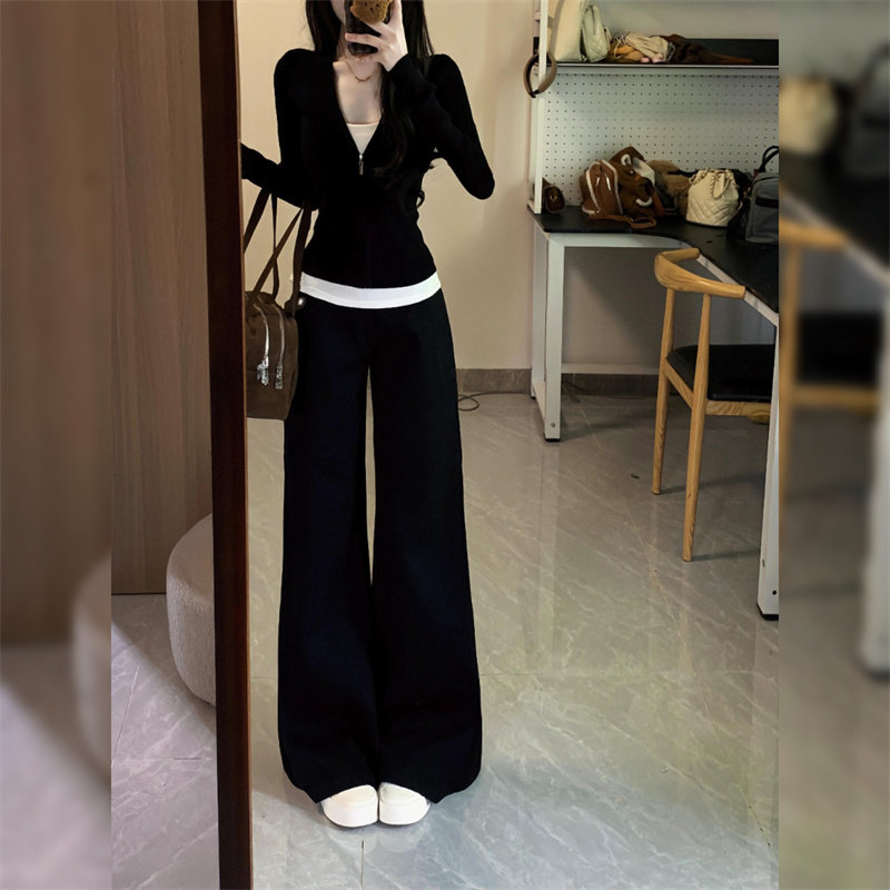 休闲短款紧身长袖运动套装女春秋季新款时尚宽松显瘦阔腿裤三件套