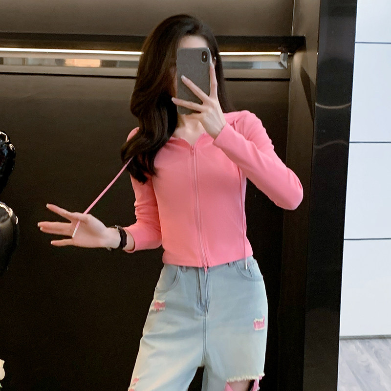 连帽紧身短款拉链外套女秋季开衫