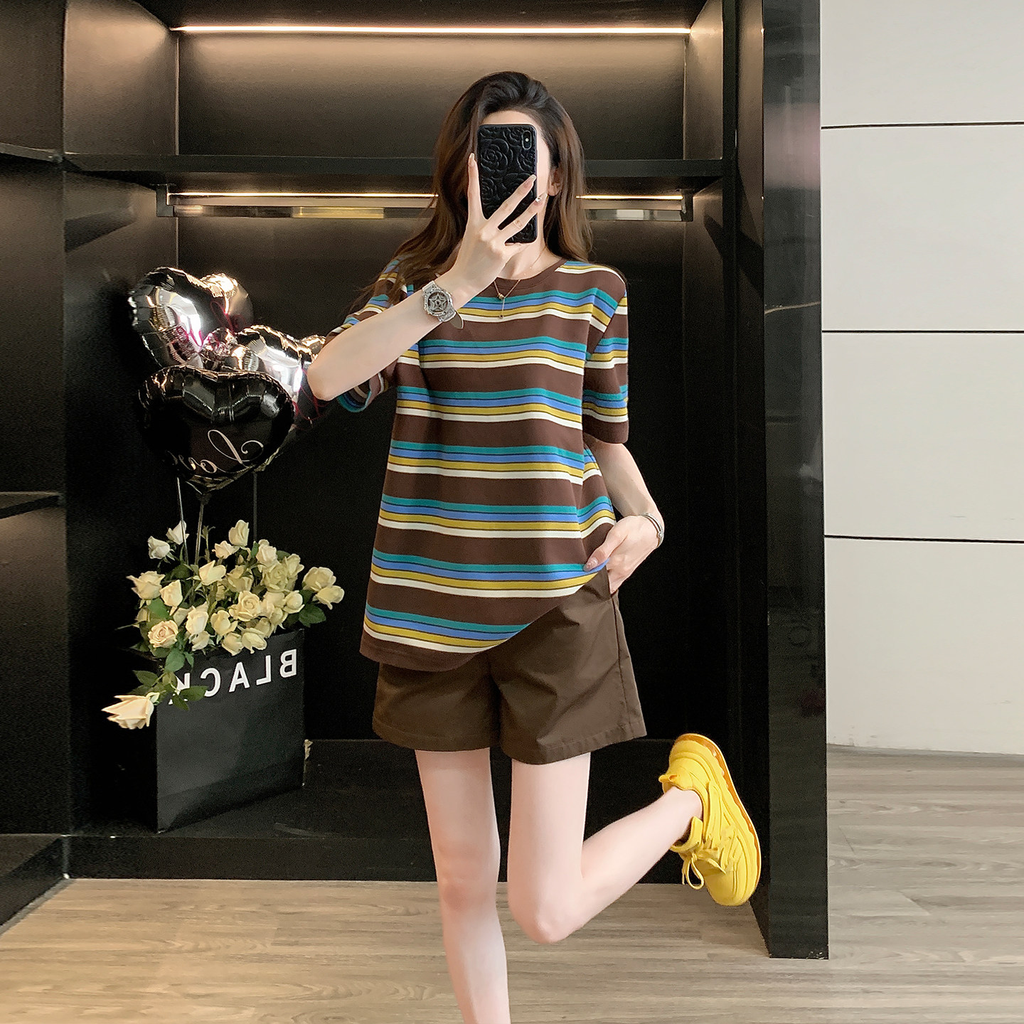 条纹短袖运动套装女短裤两件套潮