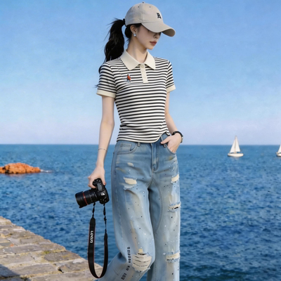 刺绣条纹polo领短袖t恤女夏季潮