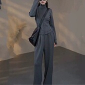简约休闲宽松阔腿裤 女秋冬季 加绒俩件套 拉链外套运动套装 立领修身