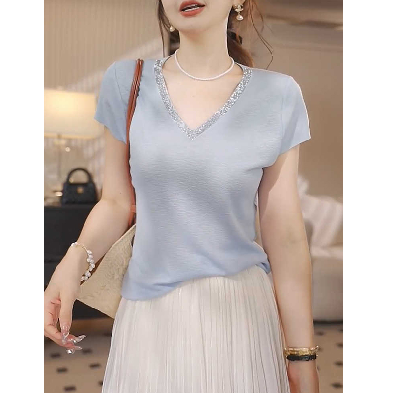 RIERA高级感烫钻V领纯色针织衫上衣女夏季百搭修身显瘦蓝色短袖t