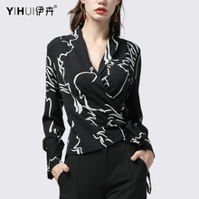 显瘦上衣欧美洋气长袖 初秋装 衬衫 v领修身 2019新款 收腰 雪纺衫 女装