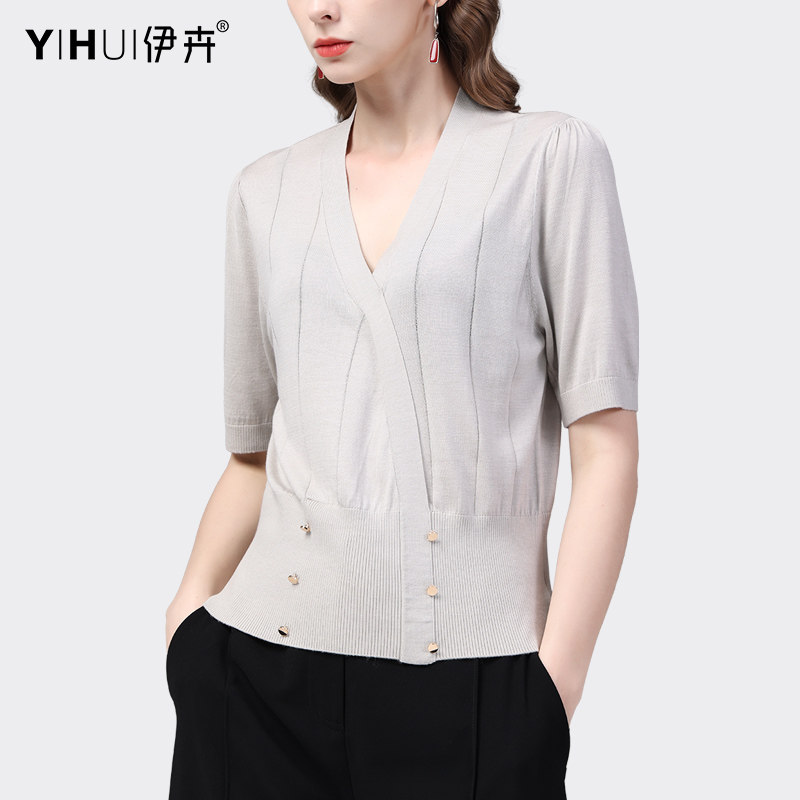春夏五分袖针织衫女气质v领时尚衬衫别致显瘦洋气上衣薄款毛衣