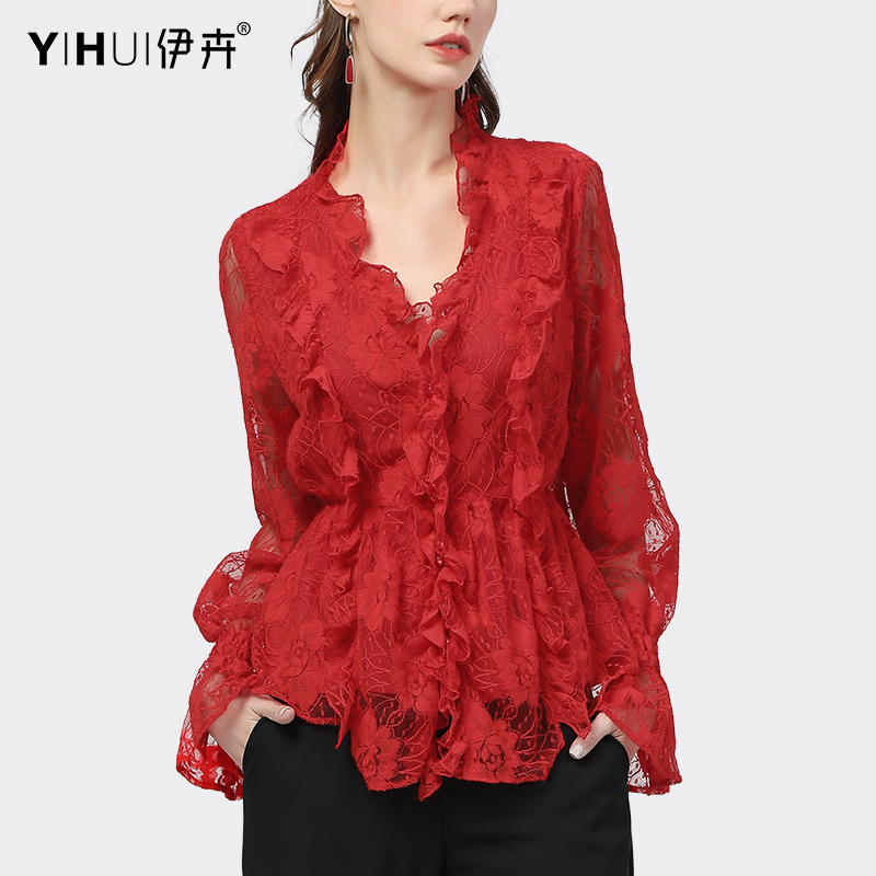 蕾丝衫女长袖设计感上衣镂空v领收腰衬衫荷叶边春装新款洋气2022