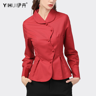 设计感职业衬衫 红色女本命年衬衣显瘦气质 收腰上衣冬加绒春装 长袖