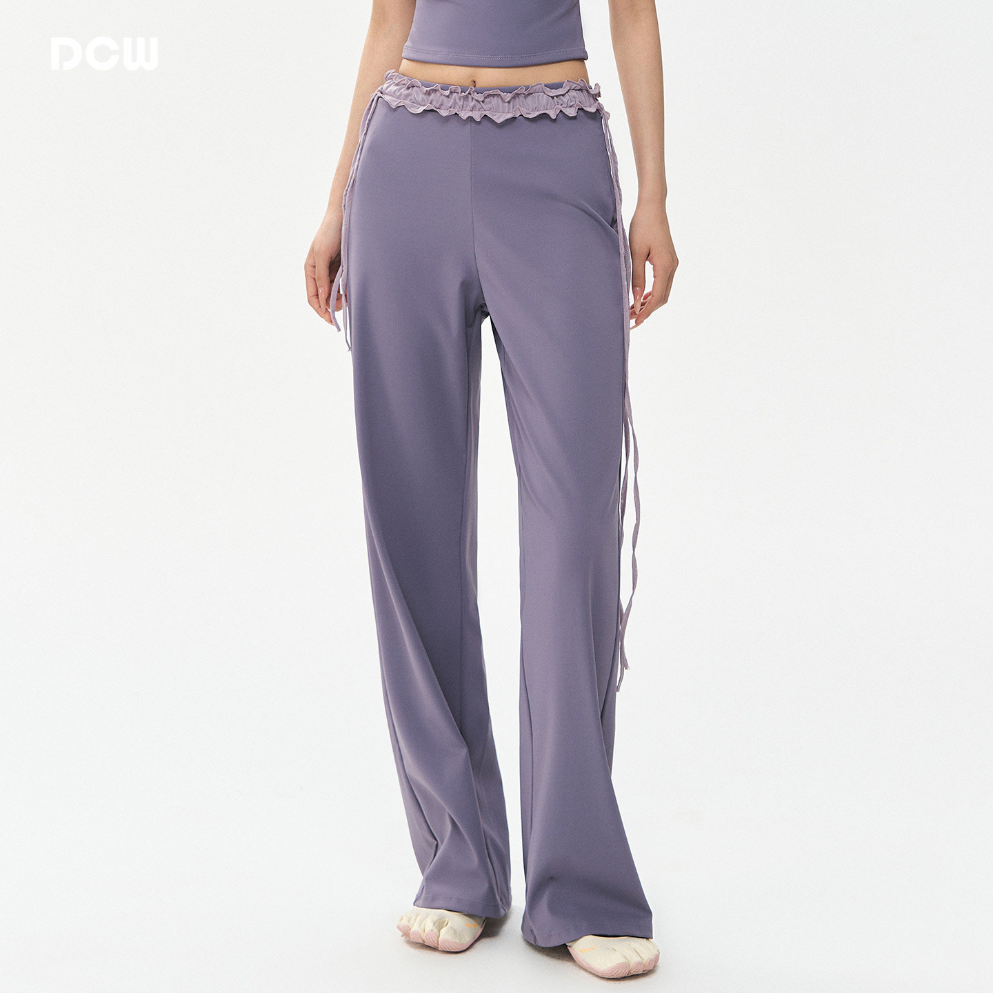 DCW紫色瑜伽裤女新款健身服套装撞色花边阔腿裤宽松显瘦运动长裤
