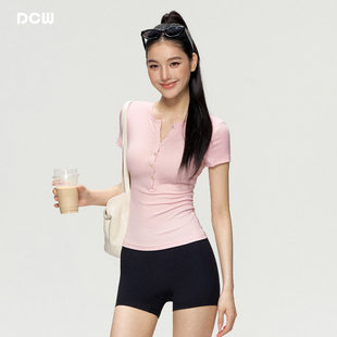 DCW天丝亨利衫瑜伽服短袖女粉色修身显瘦打底普拉提运动T恤健身衣