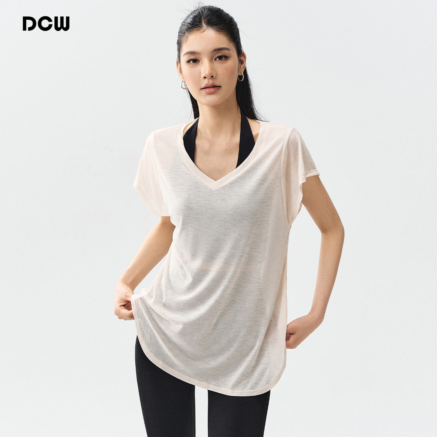 DCW宽松运动短袖女显瘦长款V领轻薄健身上衣跑步训练瑜伽t恤罩衫