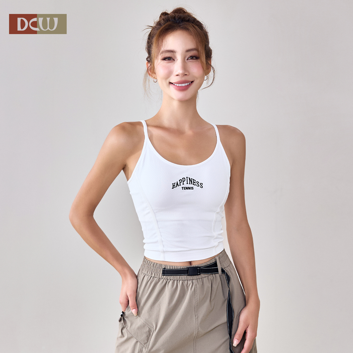 dcw美式复古刺绣细肩带瑜伽背心