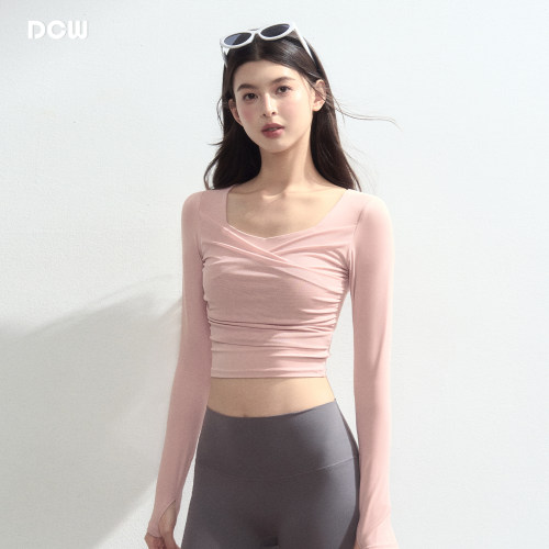 dcw短款性感健身运动网纱长袖女