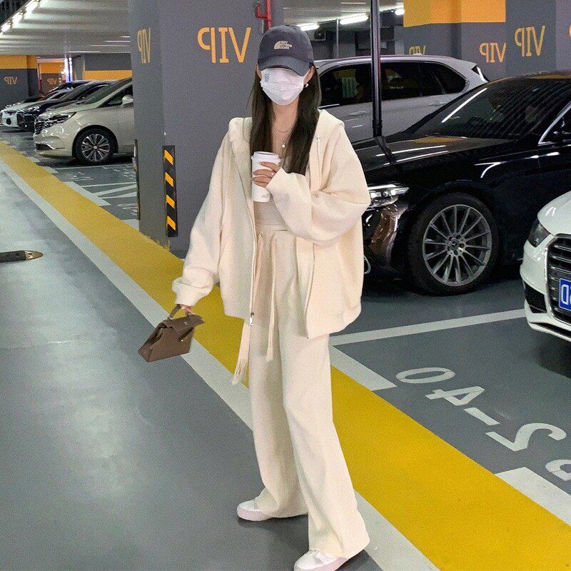 봄 가을 여성용 운동복 한국판 루즈 슬림 패셔너블 연령 감소 후드 스웨트 셔츠 캐주얼 투피스 세트