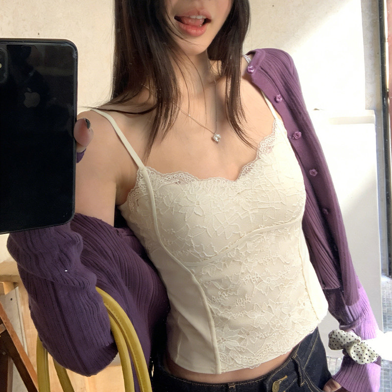 法式白色蕾丝吊带背心女款带胸垫鱼骨上衣春夏天西装内搭外穿冰丝