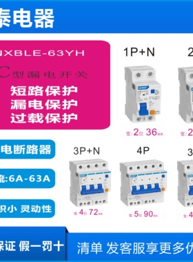 正泰漏电保护器NXBLE-63YH 1P+N 2P 3P+N 4P 63A 30mA 6kA 占2位